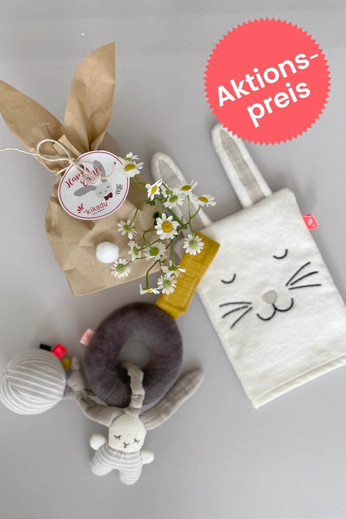 Osterhäschen-Set Waschlappen & Minimobil mit Rassel